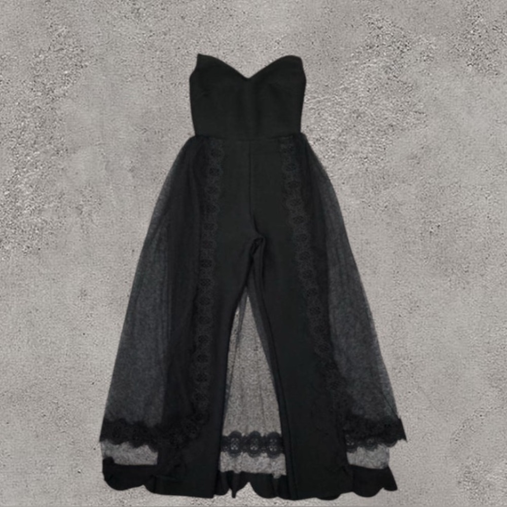 Sexy Black Velvet Strapless Lace Jumpsuit Club Party Evening Outfit Size M